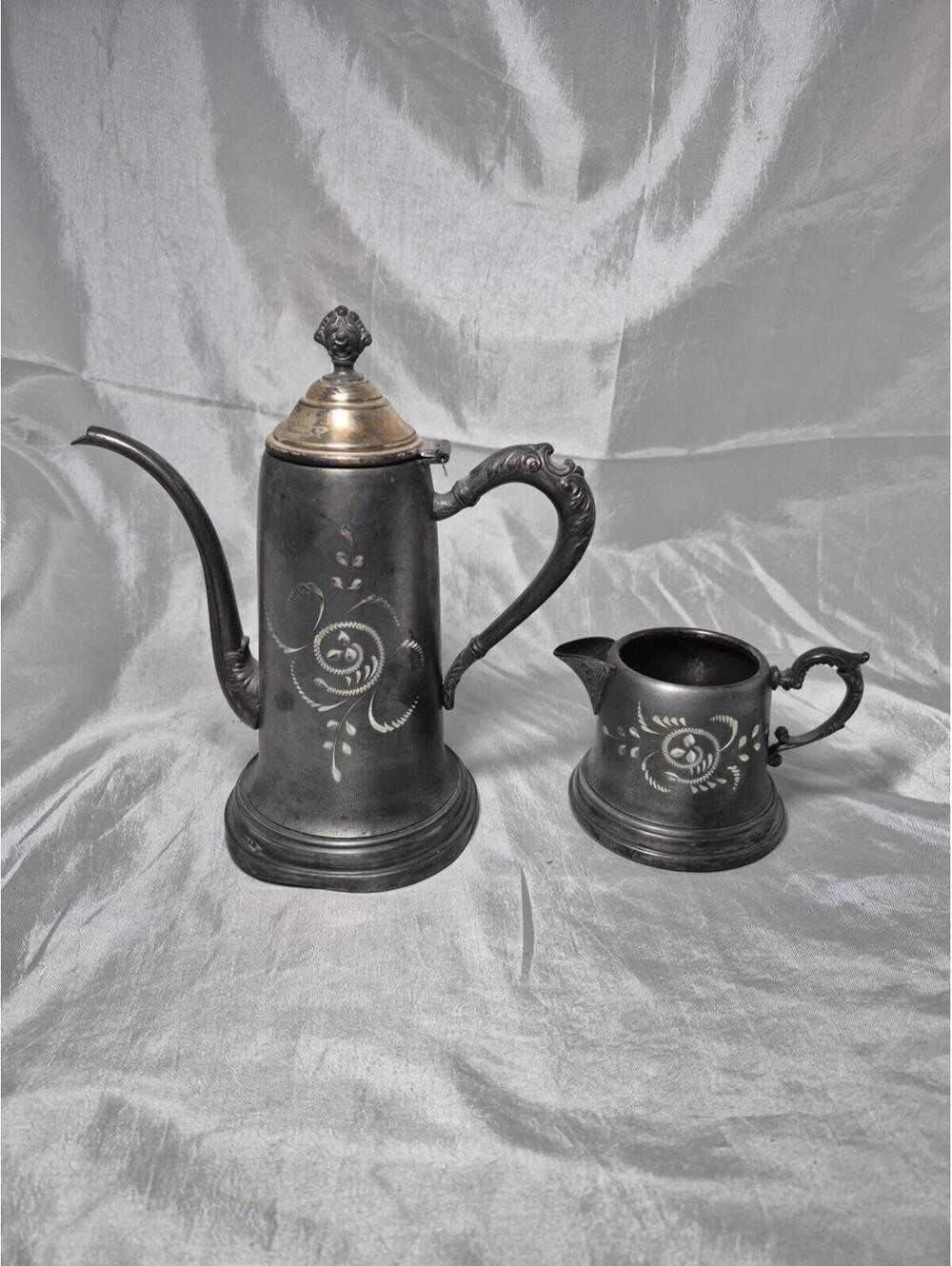 Antique Sheffield Silver Plate Teapot & Creamer Etched Leaf Design Teapot FLAW